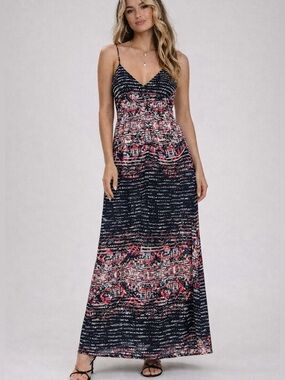 Parker Printed Maxi Dress M Black Red Geometric Sleeveless Boho Resort